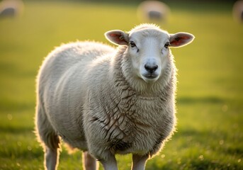 Obraz premium A white sheep stands in a green field, backlit by the warm sun, looking directly at the viewer.