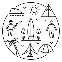 Circular line art illustration of summer vacation activities and outdoor adventures
