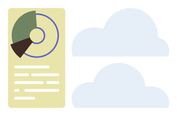 Circular statistical chart alongside two cloud icons representing data analysis, storage, and cloud computing. Ideal for technology, analytics, business, data security, innovation, digital strategy