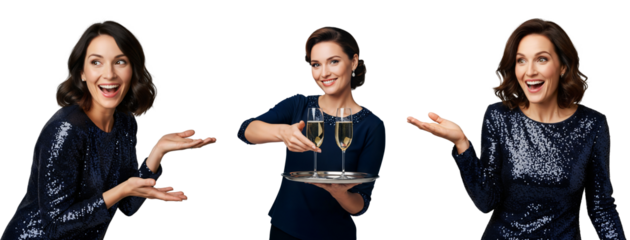 Party hostess serving champagne flutes celebration, party hostess champagne, champagne hostess, Isolated on transparent background, png