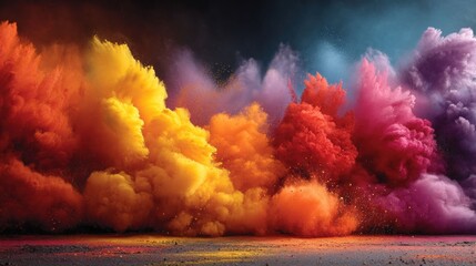 Exploding vibrant colorful powder clouds against a dark background
