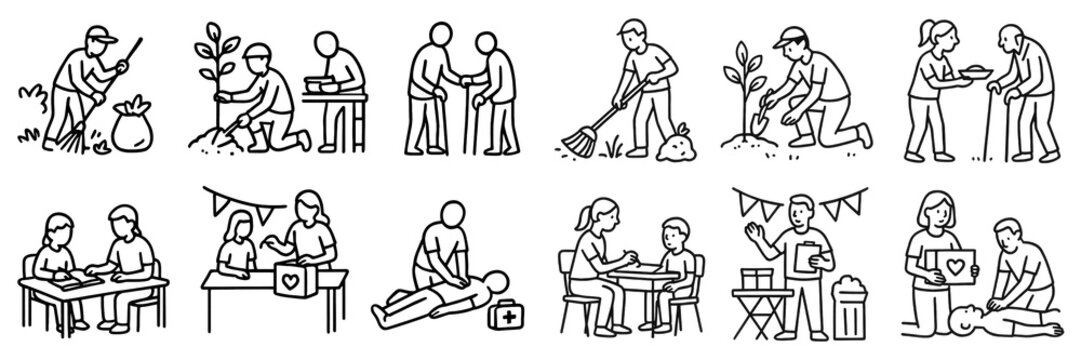 Community service activities line art collection