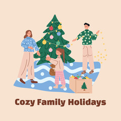 Cozy Family Holidays — Parents and Child Decorating Christmas Tree Together at Home, Winter Holiday Celebration Scene
