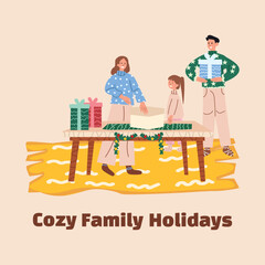 Cozy Family Holidays — Parents and Child Wrapping Christmas Gifts Together, Preparing for Winter Celebration at Home