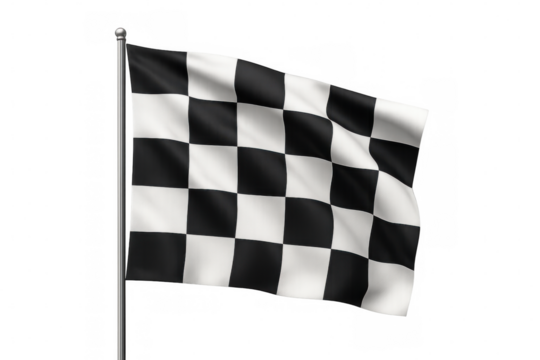 Checkered flag waving on flagpole, representing motorsport race finish, competition victory, and championship success