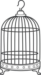 Empty birdcage line drawing with rounded top, vertical bars, decorative base—ideal for symbolism, design, and vector illustration use.