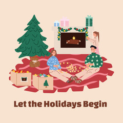 Let the Holidays Begin — Family Sitting by Fireplace and Decorating Christmas Tree, home, Cozy Winter Holiday Evening