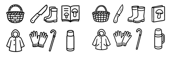 Fototapeta premium Mushroom foraging icons: basket, knife, boots and more