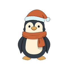 Adorable cartoon illustration of a penguin wearing a red Santa hat and a cozy matching scarf.