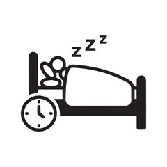 Sleeping time icon. Person in bed with a clock, symbol of healthy sleep, rest, and bedtime schedule. Simple line vector illustration.
