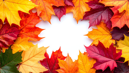 Fototapeta premium Autumnal Leaf Collage: A vibrant collage of autumn leaves in fiery hues frames a blank space, creating a perfect canvas for text or imagery. Capturing the essence of fall.