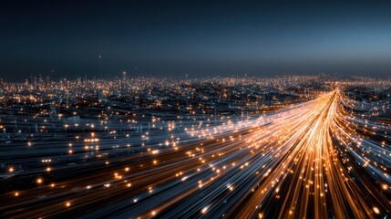 A mesmerizing view of a city at night with light trails and city lights.