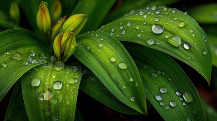 Obraz premium Green plant leaves and flower buds covered in fresh water droplets