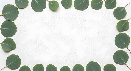 Elegant flat lay of fresh eucalyptus leaves creating a natural green frame on a textured white background, ideal for organic wellness designs, botanical concepts, or inviting textual overlays