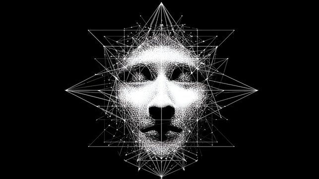 Human face with geometric connections symbolizes mind and data.