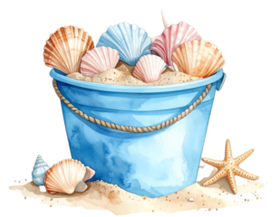 Watercolor Seashells in bucket: A bucket filled with a variety of colorful seashells rests on sandy beach. The image exudes a sense of tranquility and the beauty of the seaside. 