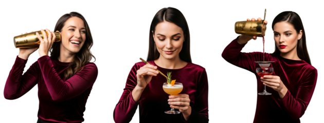 Cocktail bartender woman shaking and straining drink, cocktail bartender woman, bartender cocktail woman, Isolated on transparent background, png