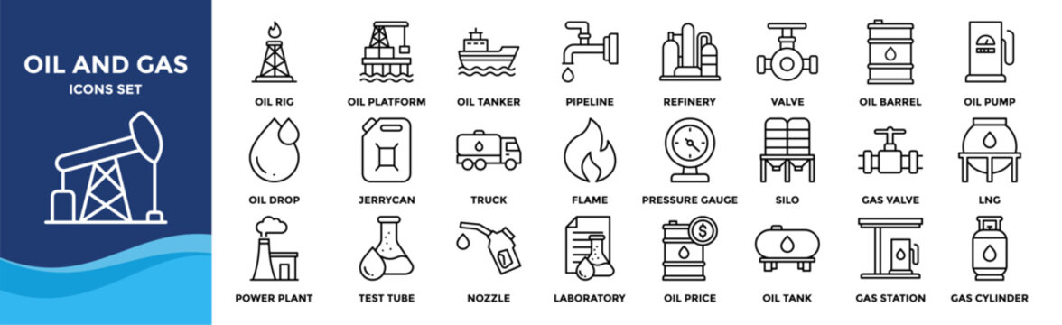 Oil and Gas icon collection set. Containing design Oil Well, Oil Rig, Oil Platform, Oil Tanker, Pipeline