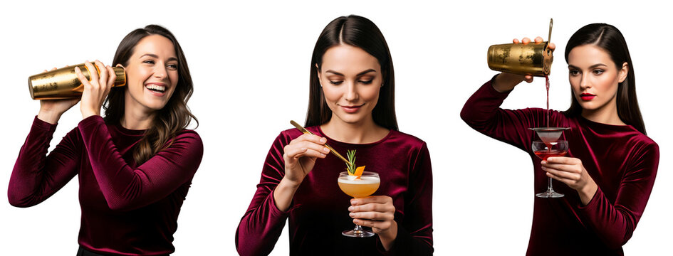 Cocktail bartender woman shaking and straining drink, cocktail bartender woman, bartender cocktail woman, Isolated on transparent background, png