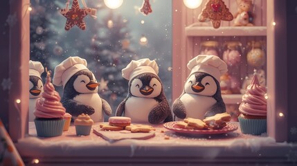 Cute penguins in chef hats baking Christmas cookies and cupcakes in a cozy pastel bakery filled with fairy lights and gingerbread decorations. Soft snow falling outside the window, warm glow, kawaii a