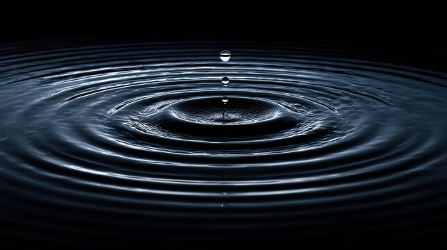 Water drop creating ripples in a dark pool of water with a black background.