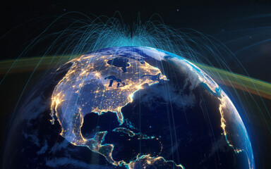 Obraz premium Digital connections across the illuminated earth at night satellite