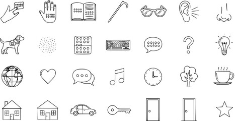 Set of diverse line art icons for accessibility, disability, sensory perception, communication, and everyday objects, including braille, guide dogs, and basic concepts.