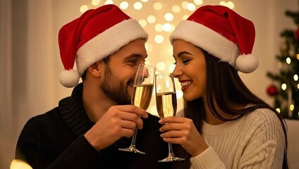 Joyful couple celebrating Christmas with champagne toasts amidst twinkling holiday lights and festive tree sparkle - Powered by Adobe