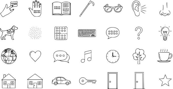 Set of diverse line art icons for accessibility, disability, sensory perception, communication, and everyday objects, including braille, guide dogs, and basic concepts.