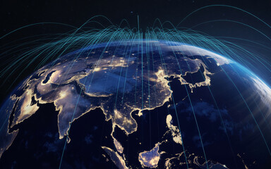 Digital globe with glowing network lines connecting continents satellite