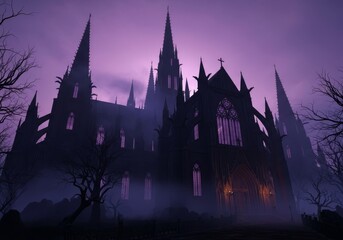 Fototapeta premium Eerie Gothic Cathedral Under a Purple Sky, A Haunting Architectural Vision