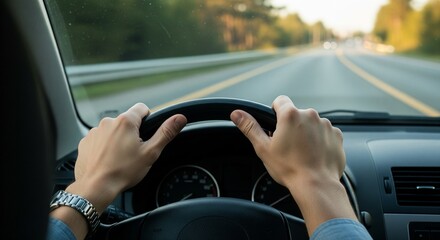 Close-up of hands on steering wheel, driving on open road during a sunny day