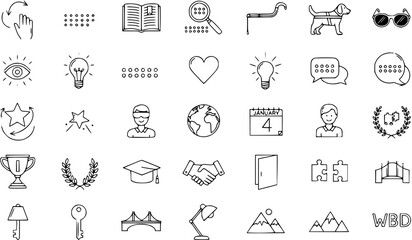 Fototapeta premium Hand-drawn Line Icons Set: Accessibility, Education, Vision Impairment, Braille, Support, Awareness, Achievement, Communication, and Global Concepts.