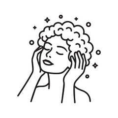 Woman washing hair with shampoo line icon. Symbol of hygiene, haircare, and beauty salon. Simple vector illustration for clean, shiny hair treatment.
