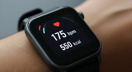 Smartwatch displaying elevated heart rate and active calorie expenditure