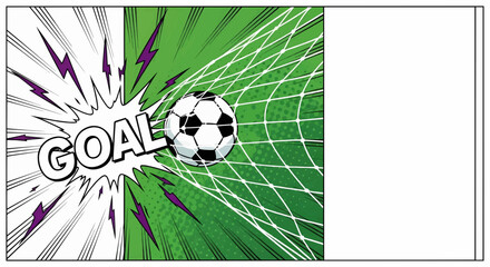 Dynamic pop art comic style football soccer goal. Energetic sport illustration with retro explosion rays