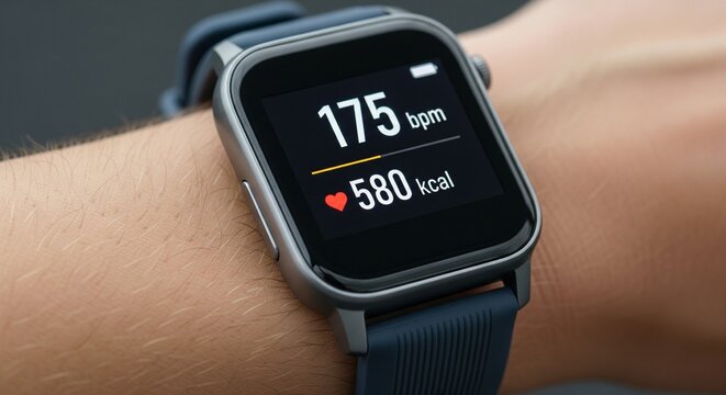 Modern Smartwatch Displaying Heart Rate and Calorie Burn During Fitness Activity