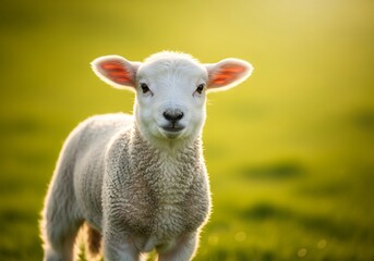 Fototapeta premium A cute white lamb stands in a sunlit green field, looking directly at the viewer with soft, gentle eyes.