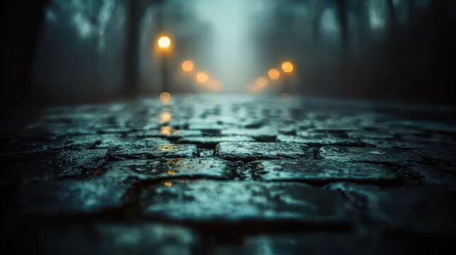 Rain-slicked cobblestone street in thick fog under streetlights