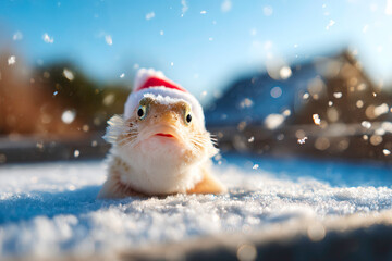 Fototapeta premium Plaice wearing Santa hat on snowy ground flatfish winter holiday concept