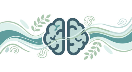 Human brain stylized artwork with flowing lines and leaves representing mental health and wellness