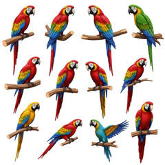 Collection of Vibrant Macaw Parrots Perched on Branches.