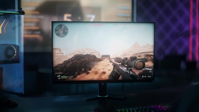 Playable Sniper Character Dies And Loses Online Gaming Match On PC. Gaming Online On Modern Powerful PC. Player Defeated By Enemy Team In Online Mode. PC Gaming Military Shooter. Animation