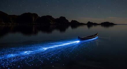 Small boat glides through dark water leaving a glowing trail of bioluminescent plankton at night