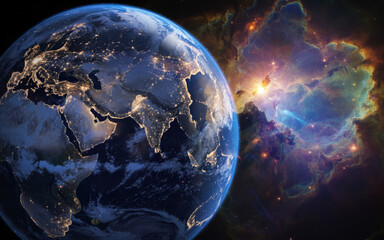 Obraz premium Earth and nebula in deep space satellite