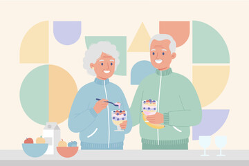 A senior couple happily enjoying healthy fruit and yogurt parfaits for a nutritious lifestyle