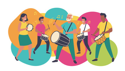 Joyful group playing drums and tambourine Diverse musical celebration and community event