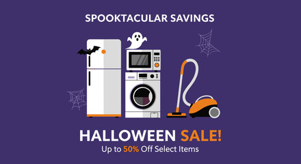 Halloween sale banner with household appliances ghost bat and spider webs on a purple background Spooktacular savings for retail