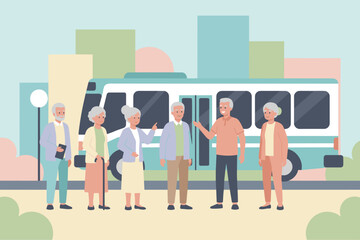 Smiling senior friends waiting by a bus enjoying urban community and public transport
