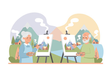 Happy senior couple painting scenic landscapes together enjoying a creative retirement hobby